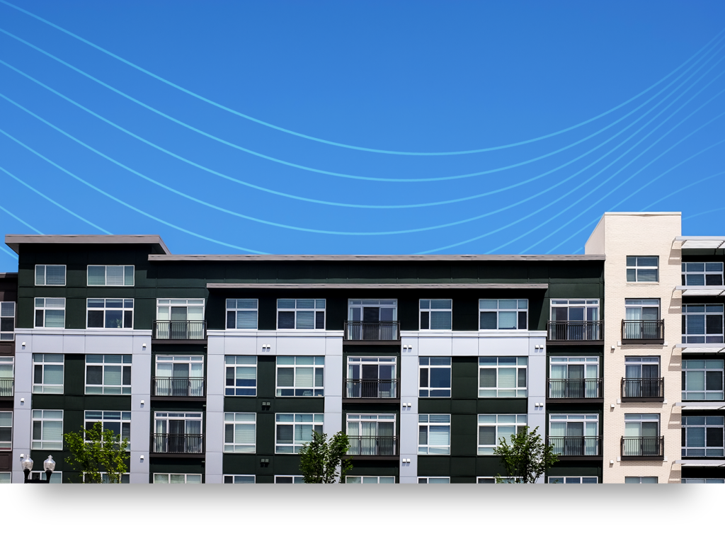 Modern apartment building with balconies shown beneath a bright blue graphic sky with curved line accents.
