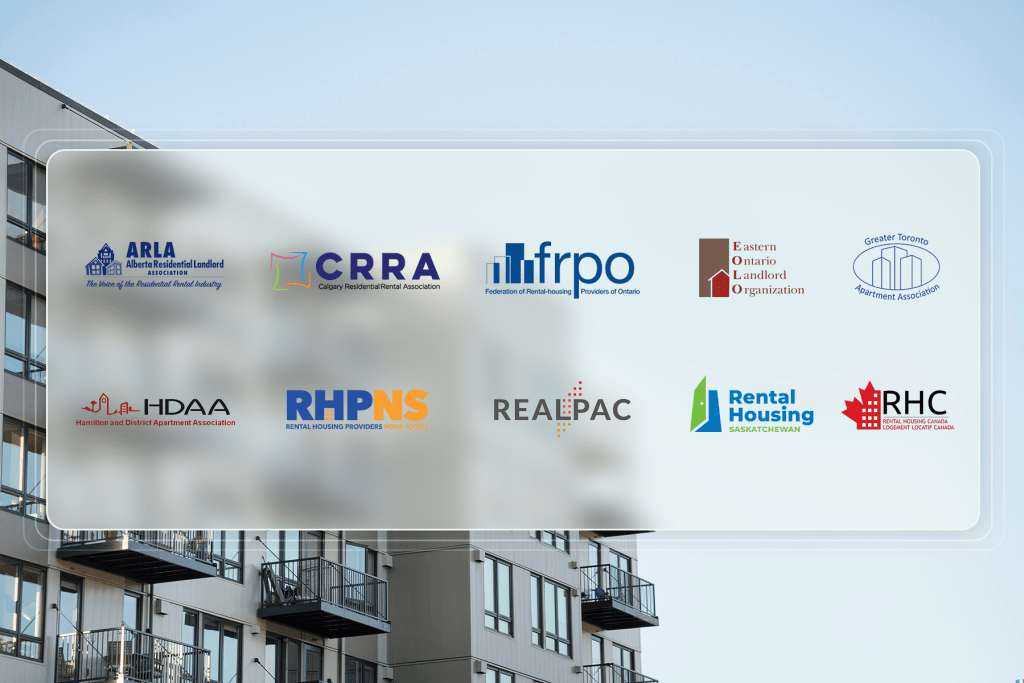 Canadian rental housing industry association logos displayed on a frosted glass panel over an apartment building backdrop. Top row: Alberta Residential Landlord Association (ARLA), Calgary Residential Rental Association (CRRA), Federation of Rental-housing Providers of Ontario (FRPO), Eastern Ontario Landlord Organization (EOLO) and Greater Toronto Apartment Association. Bottom row: Hamilton and District Apartment Association (HDAA), Rental Housing Providers Nova Scotia (RHPNS), REALPAC, Rental Housing Saskatchewan and Rental Housing Canada (RHC).